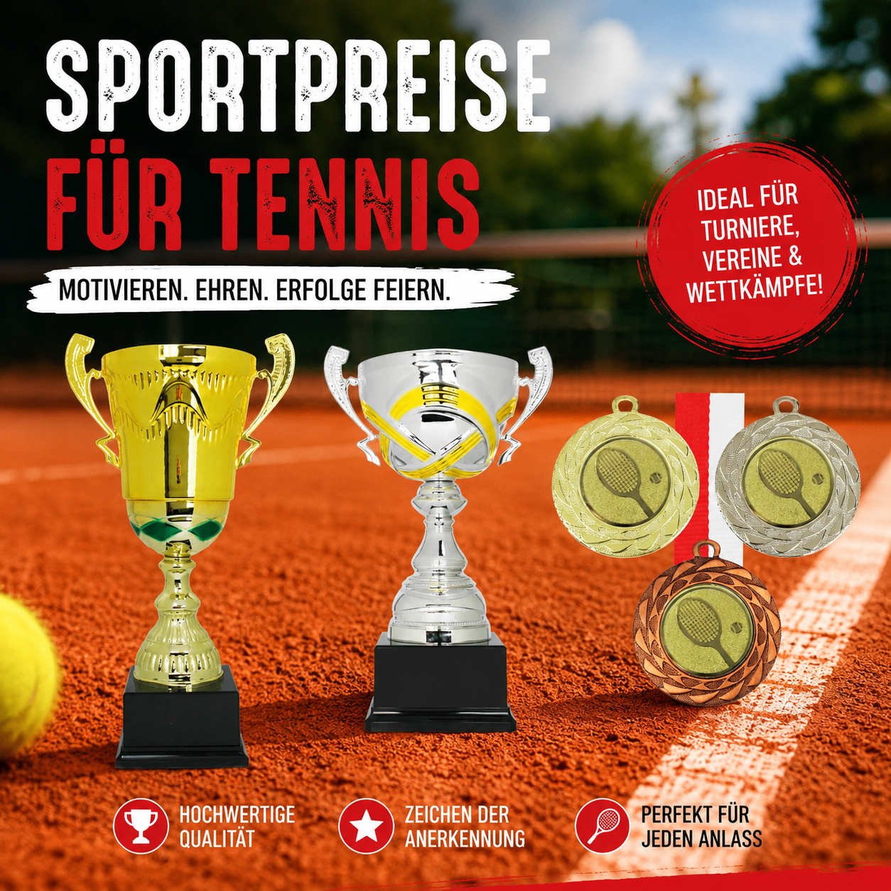 Eine Werbung für Tennistrophäen und -medaillen auf einem Tennisplatz. Der Text lautet 'Sportpreise für Tennis' und 'Ideal für Turniere, Vereine & Wettkämpfe!'. Es sind zwei Trophäen und zwei Medaillen ausgestellt.
