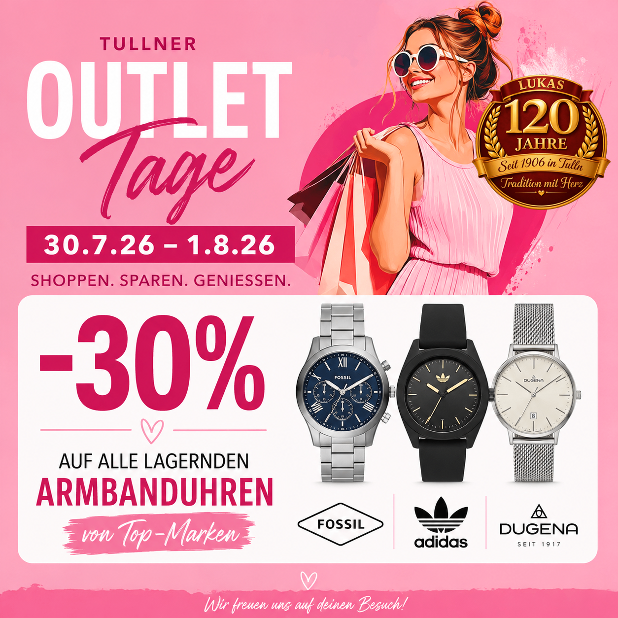 Ein Werbeplakat für Tullner Outlet Days mit einer Frau, die Einkaufstüten hält, drei Uhren und einem Rabattangebot. Das Plakat hebt einen Verkauf von Armbändern von Top-Marken hervor.