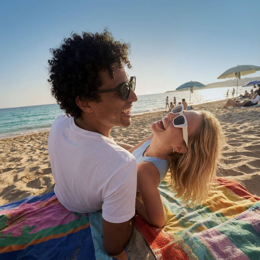 Ein Mann und eine Frau sitzen am Strand, lächeln und schauen in die Kamera. Sie tragen Sonnenbrillen und sitzen auf einer bunten Decke.