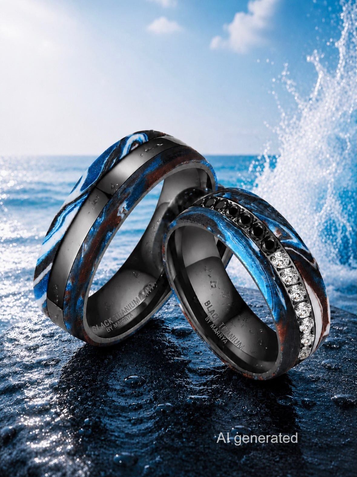 Zwei schwarze Titanringe mit blauen und schwarzen Designs, verziert mit Diamanten, ruhen auf einem nassen Felsen in der Nähe des Ozeans.