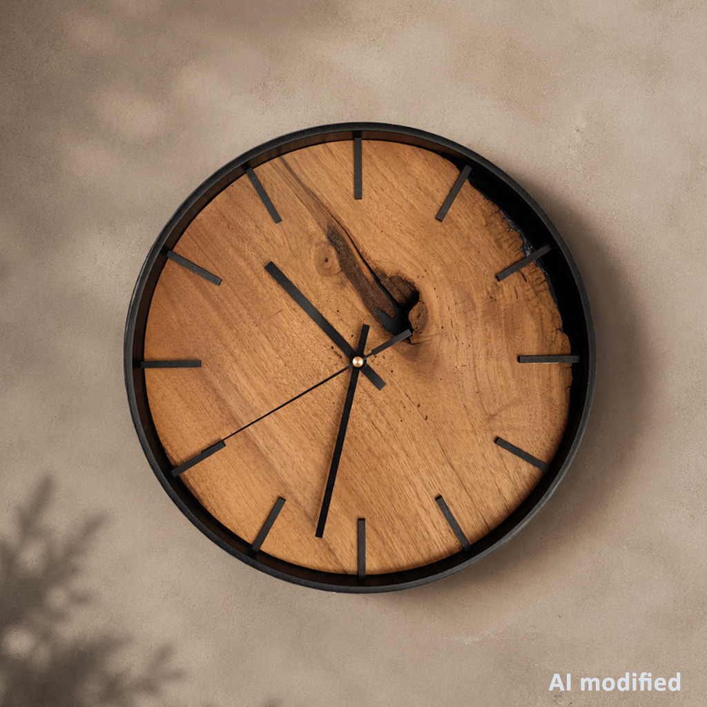 Eine Holzwanduhr mit schwarzem Rahmen und Holzzeigern, an einer beigefarbenen Wand montiert. Das Uhrenblatt hat ein natürliches Holzmaserungsmuster.