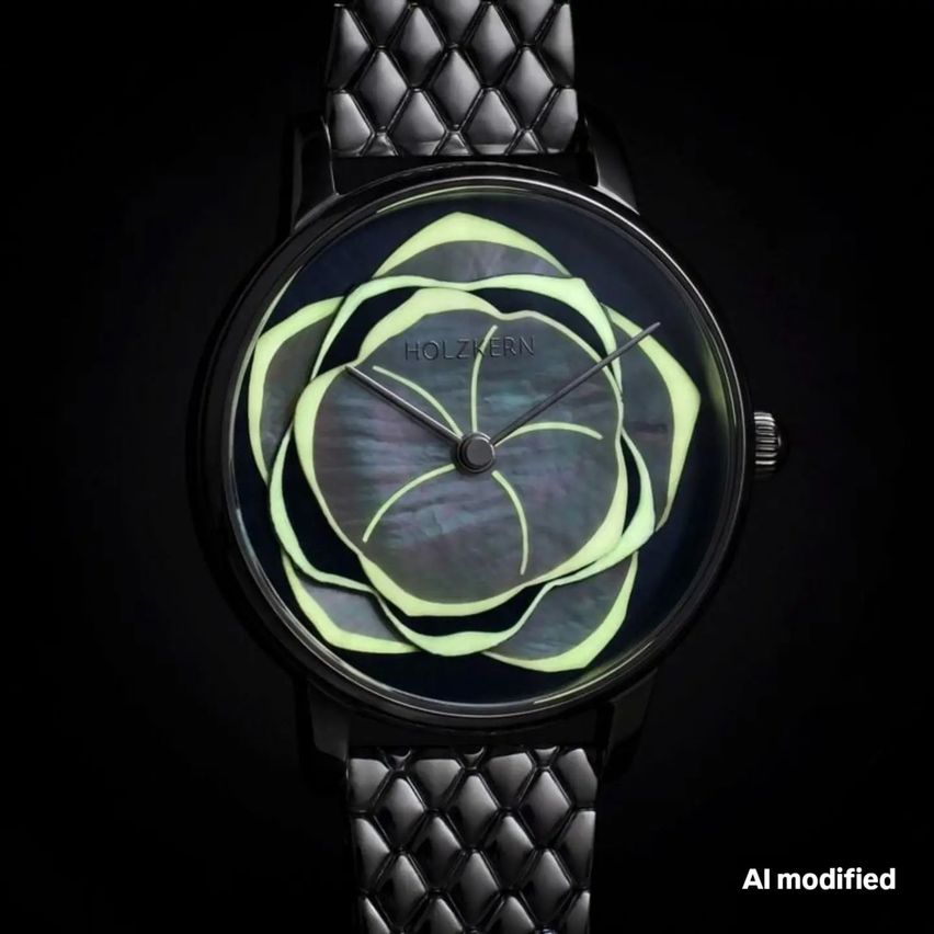 Eine schwarze Armbanduhr mit einem leuchtenden Blumenzifferblatt, das ein Diamantmuster und den Markennamen 'HOLZKERN' aufweist. Die Uhr hat ein schwarzes Armband und silberne Akzente.
