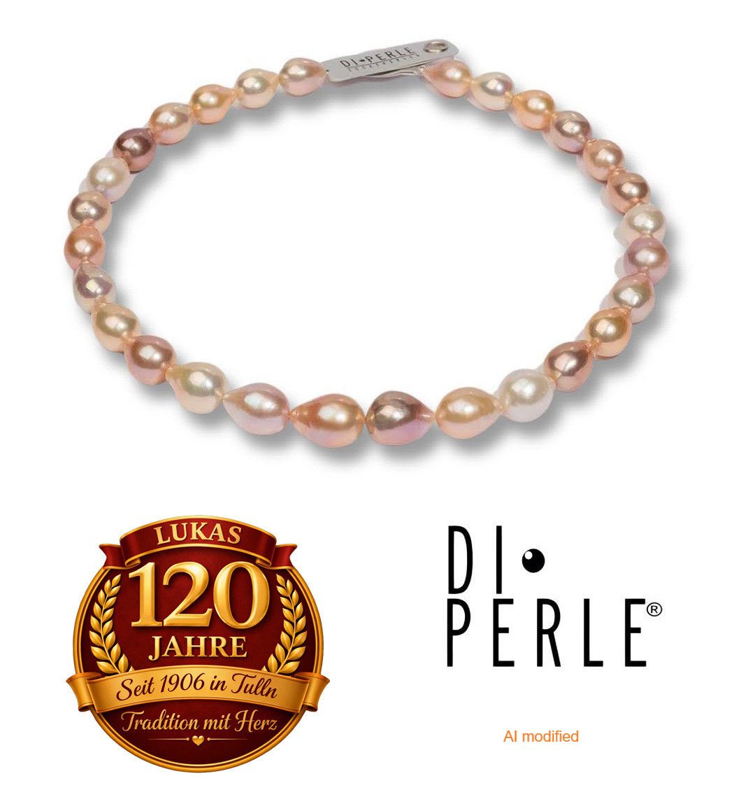 Eine Perlenarmband mit einer silbernen Schließe und einem Logo, das 'Di Perle' lautet. Die Perlen sind in verschiedenen Rosa- und Weißtönen.