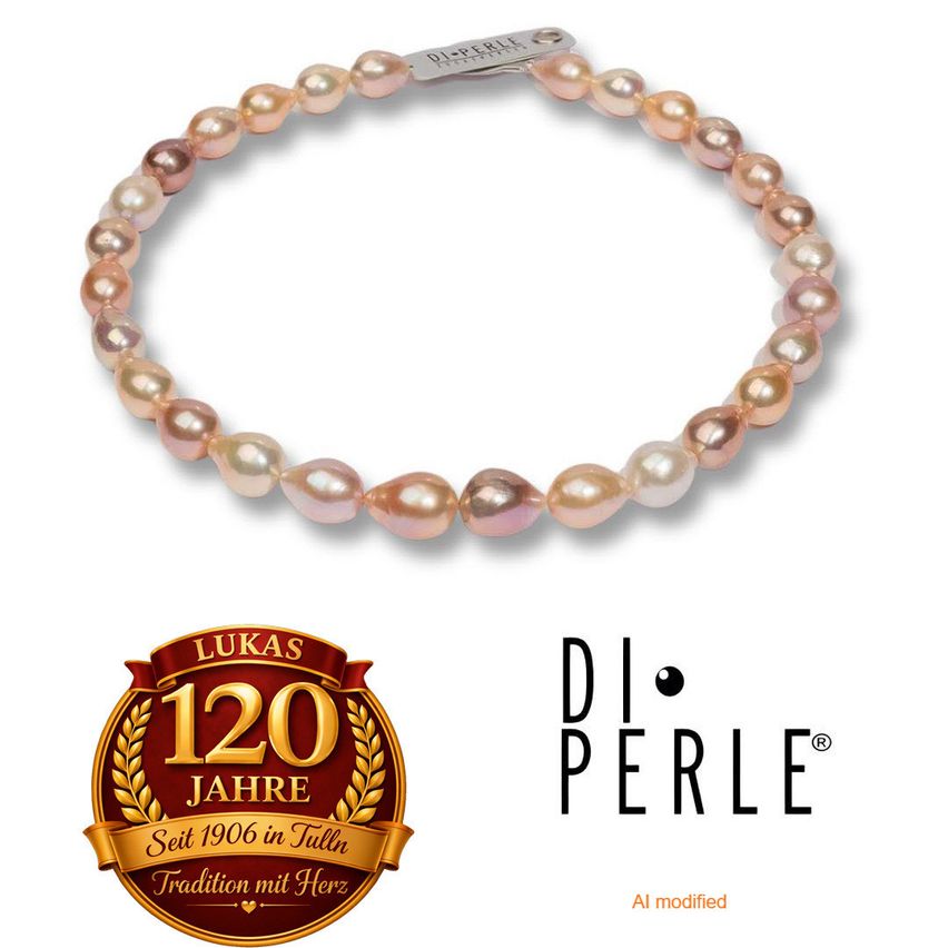 Eine Perlenarmband mit einer silbernen Schließe und einem Logo, das 'Di Perle' lautet. Die Perlen sind in verschiedenen Rosa- und Weißtönen.