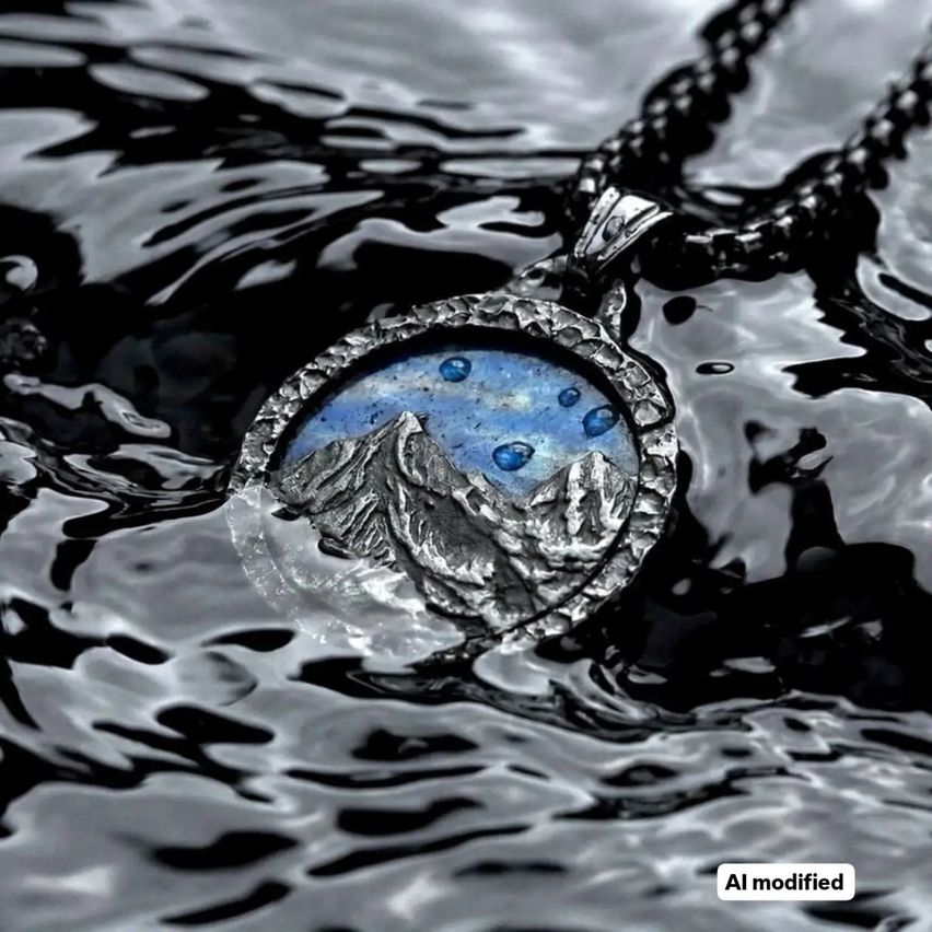 Eine silberne Halskette mit einem Berglandschaftsdesign, mit blauen Steinen und einer schwarzen Kette, unter Wasser.