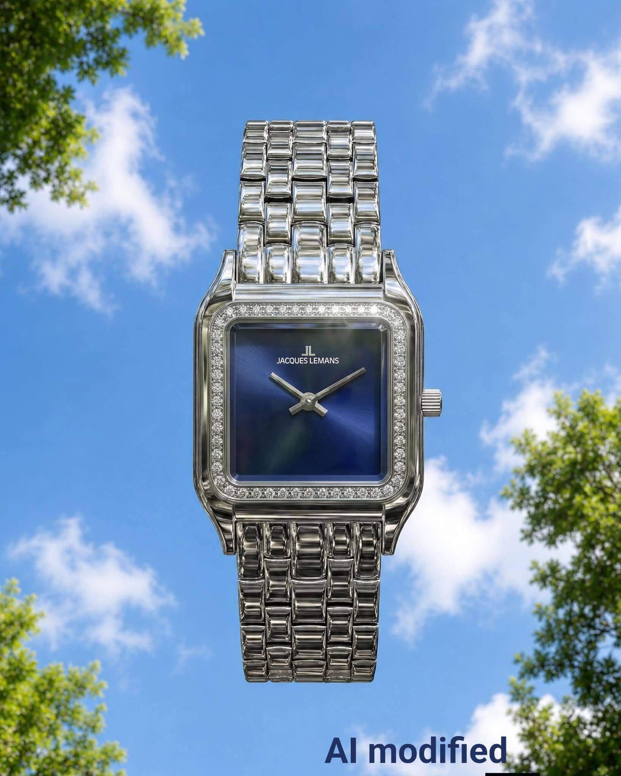 Eine silberne Jacques Lemans Uhr mit blauem Zifferblatt und Diamantakzenten, schwebend vor einem blauen Himmel mit Wolken und Bäumen.