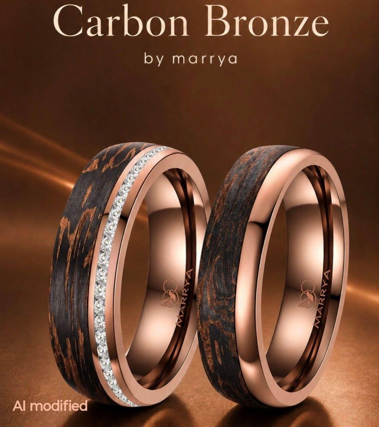 Zwei Roségold-Hochzeitsringe mit holzfarbener Einlage und Diamantbesatz, auf braunem Hintergrund präsentiert. Die Ringe sind von Marrya.