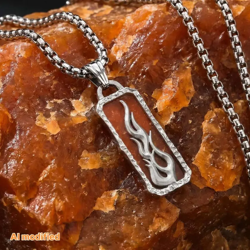 Eine silberne Halskette mit einem Flammendesign auf rotem Hintergrund, die auf einer strukturierten Oberfläche ruht.