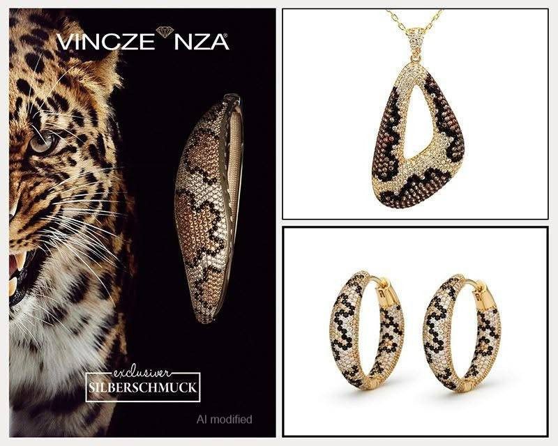 Ein Werbebild für Vincze Nza zeigt ein Nahaufnahme des Leopardengesichts, eines Anhängers und Ohrringe, alle mit Leopardenmuster und Edelsteinen verziert.