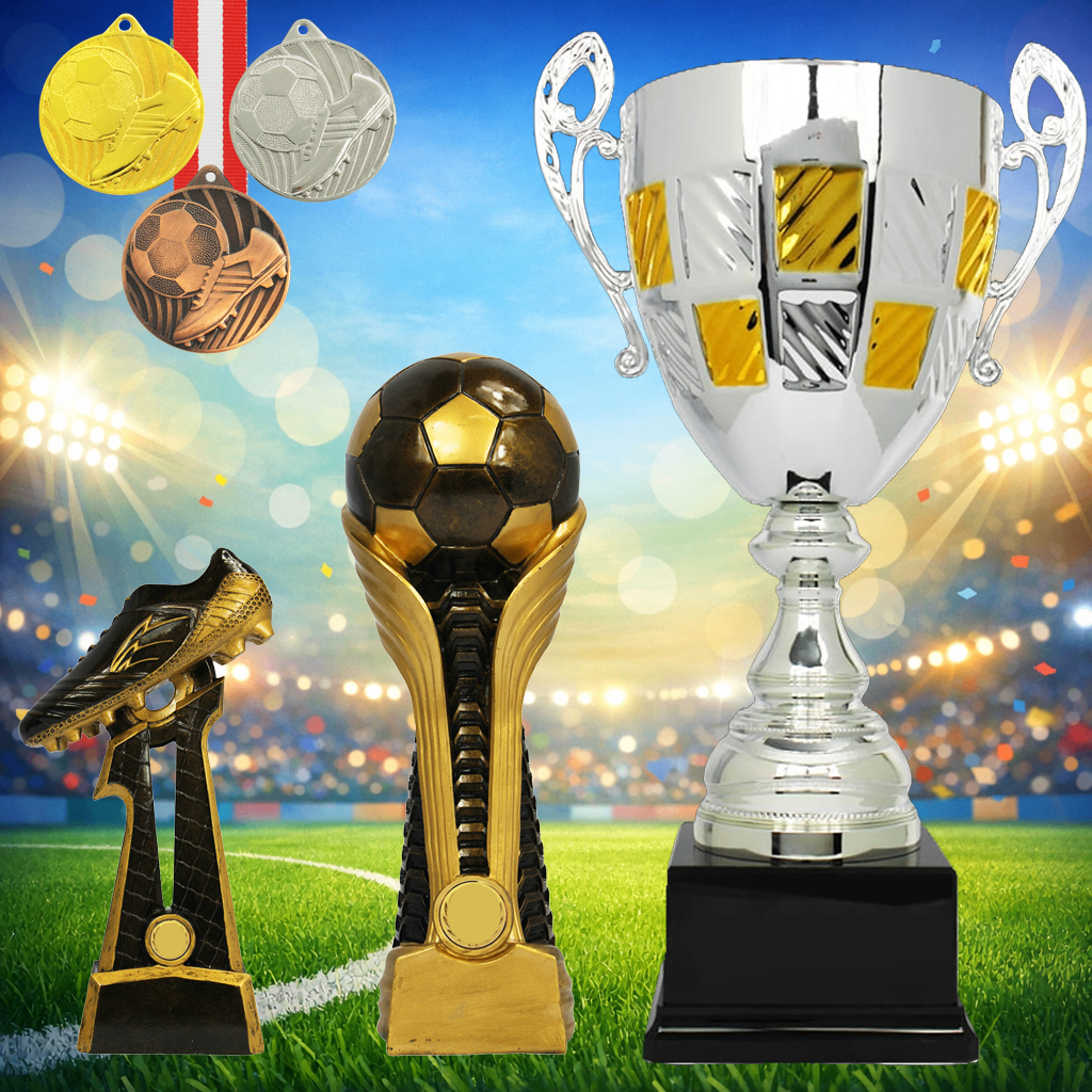 Drei Fußballtrophäen und Medaillen vor dem Hintergrund eines Fußballfelds. Drei Medaillen, eine silberne und zwei bronzefarbene.