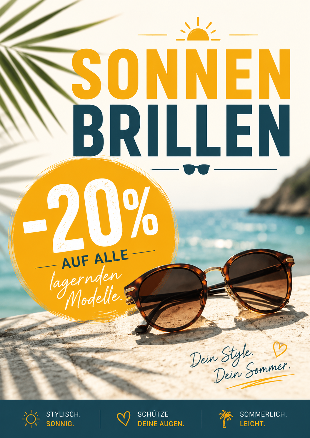 Eine Werbung für Sonnenbrillen mit 20% Rabatt auf alle Modelle, mit einer Sonnenbrille auf einem Strand vor einem Meer und Himmel im Hintergrund.