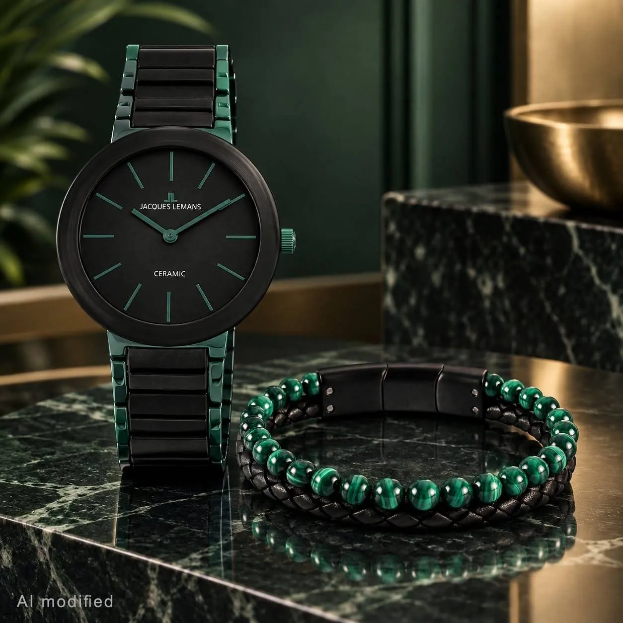 Eine elegante Jacques Lemans Uhr mit Keramik-Zifferblatt und grünem Armband, präsentiert auf einem Marmortisch mit passendem grünem Perlenarmband.
