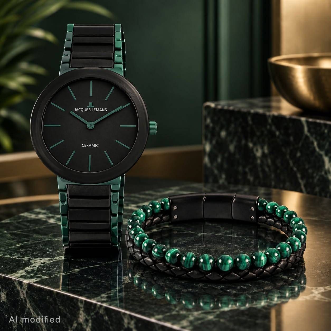 Eine elegante Jacques Lemans Uhr mit Keramik-Zifferblatt und grünem Armband, präsentiert auf einem Marmortisch mit passendem grünem Perlenarmband.