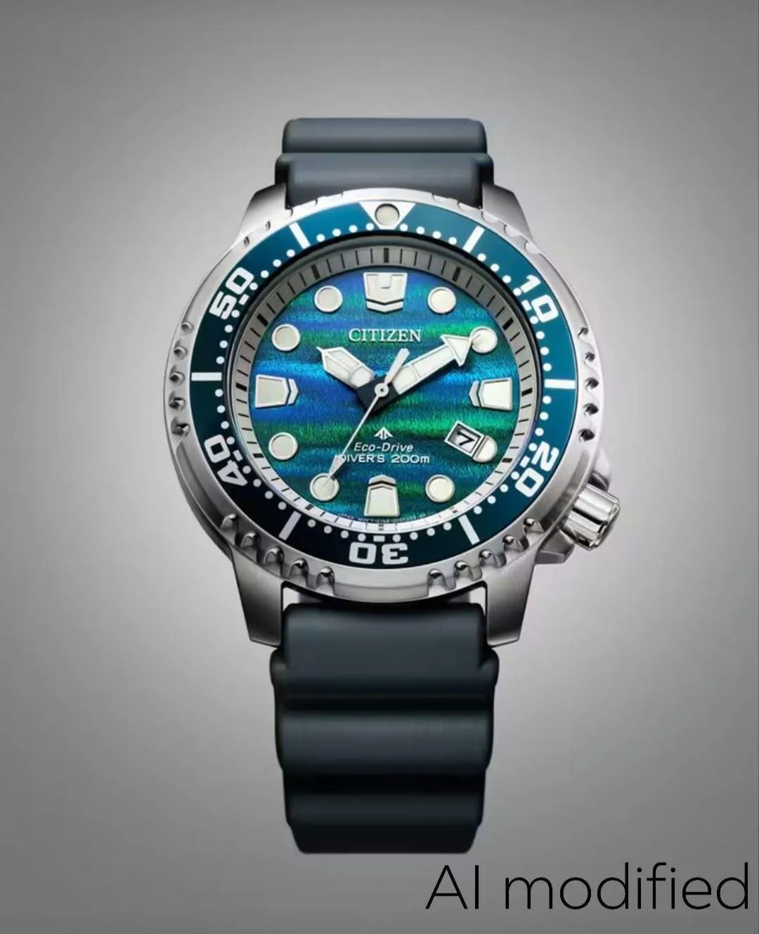 Eine Citizen Eco-Drive Taucheruhr 200m mit blauem Zifferblatt und schwarzem Armband.