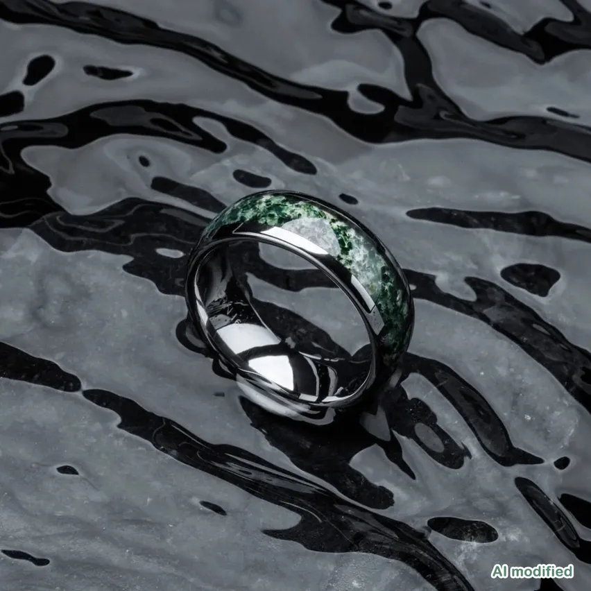 Ein silberner Ring mit grünem Edelsteininlay liegt auf einer schwarzen, welligen Oberfläche, möglicherweise Wasser.