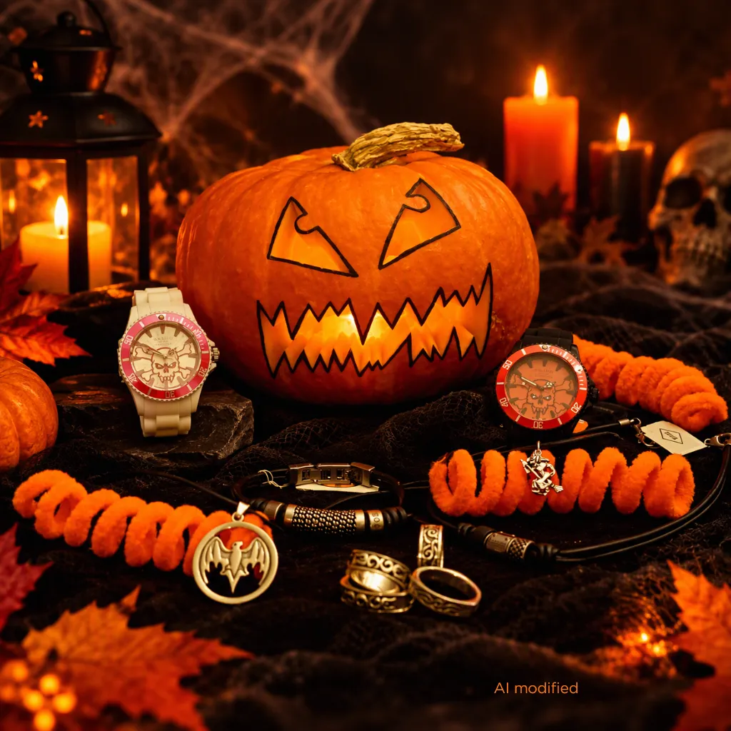 Ein Halloween-Kürbis mit einem gruseligen Gesicht, umgeben von Kerzen, einem Schädel und einer Uhr.