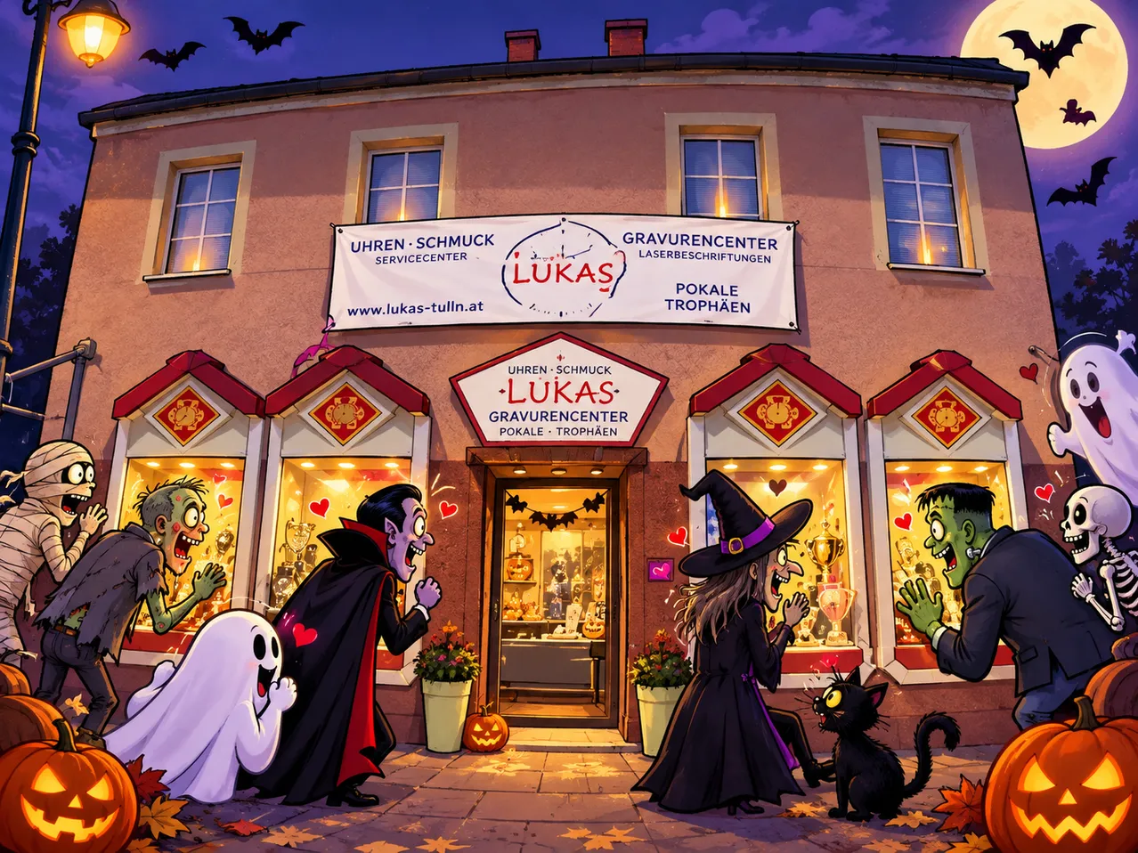 Ein Halloween-Thema-Ladenfront mit einem Schild, das 'Lukas' und 'Gravurcenter' liest. Der Laden ist von verschiedenen Halloween-Dekorationen umgeben, einschließlich Kürbisse, Skelette und einem Vollmond.