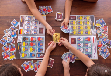 Kinder spielen ein Kartenspiel auf einem Holztisch, umgeben von verschiedenen Karten mit verschiedenen Ländern und einer goldenen Trophäenkarte in der Mitte.