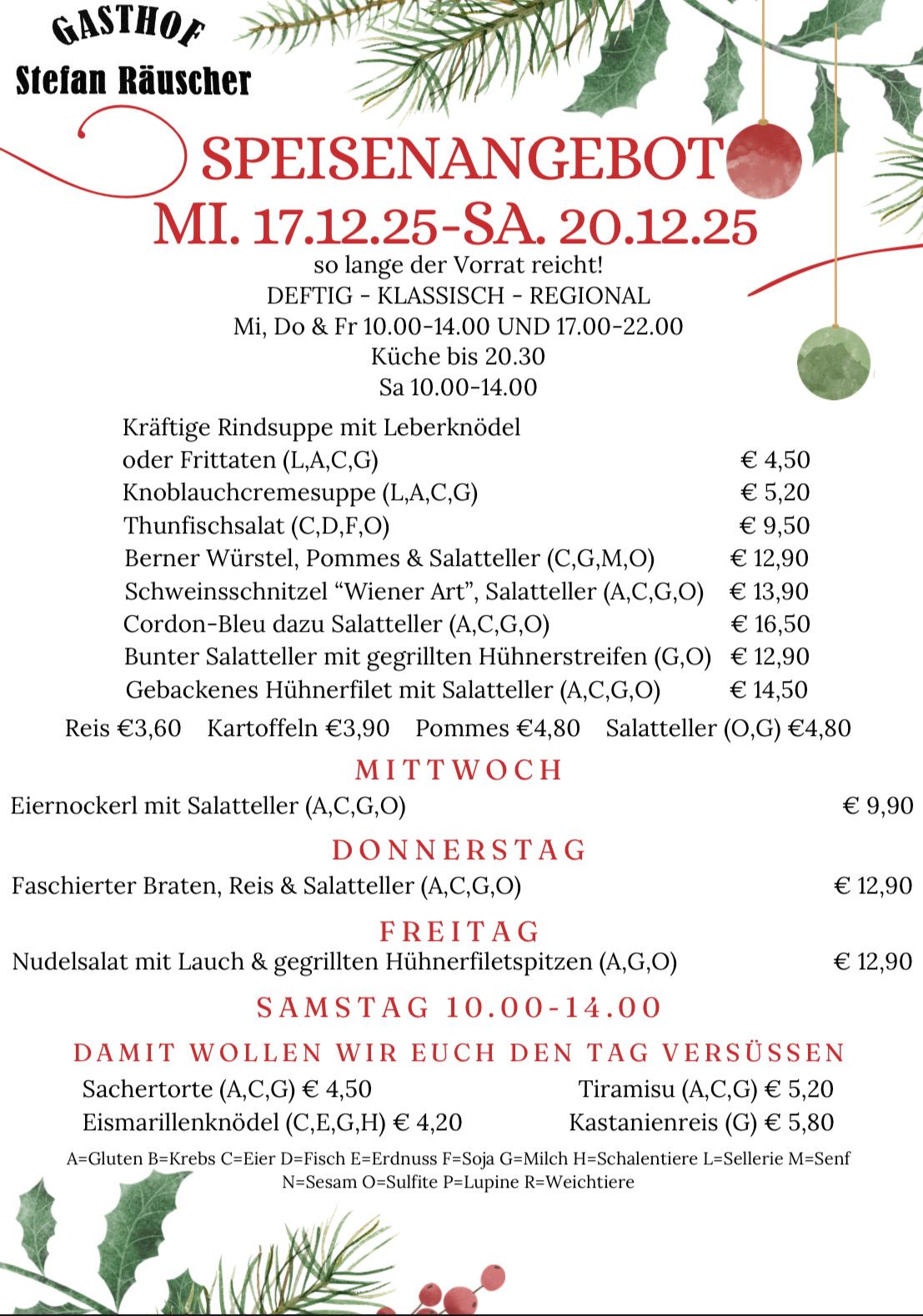 Menü für ein Restaurant gültig von Mittwoch bis Samstag. Beinhaltet kräftige Rindersuppe, Knoblauchcremesuppe, Thunfischsalat, verschiedene Würste und mehr. Jeder Gericht mit Preis und Zutaten aufgeführt. Geöffnet von 10:00 bis 22:00 Uhr.