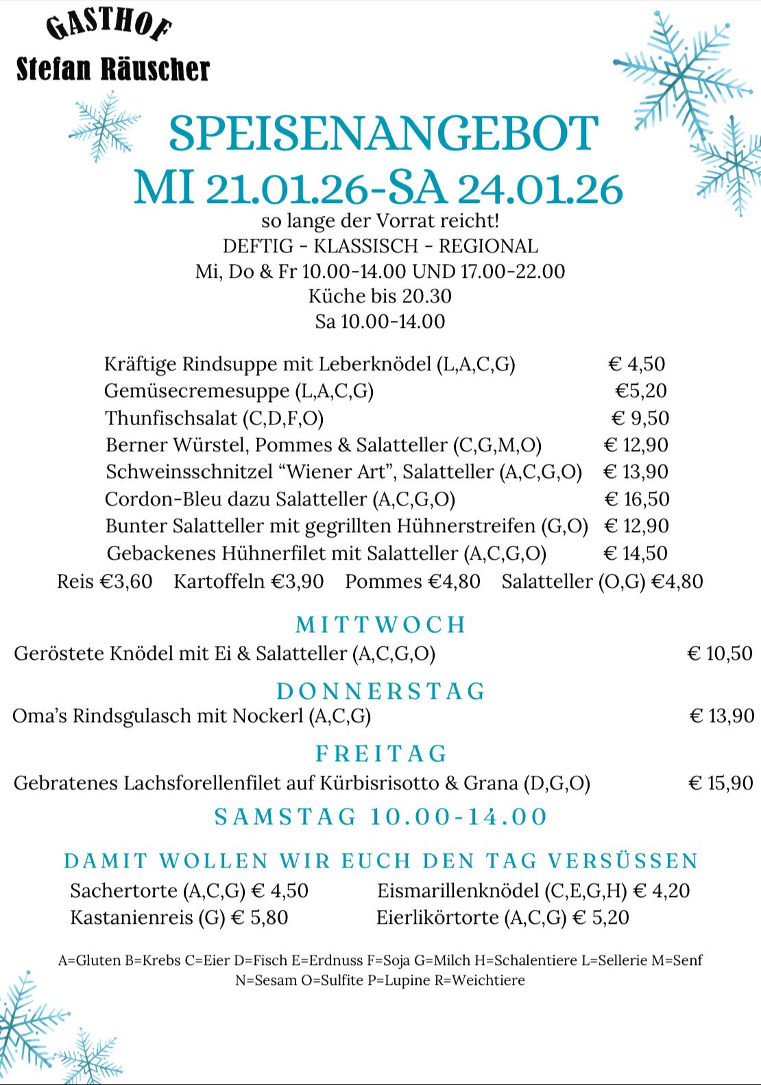 Weekly menu from January 21st to 26th. Available while supplies last. Daily menu from 10:00-14:00 and 17:00-22:00. Kitchen open until 8:30 PM. Various dishes with prices.