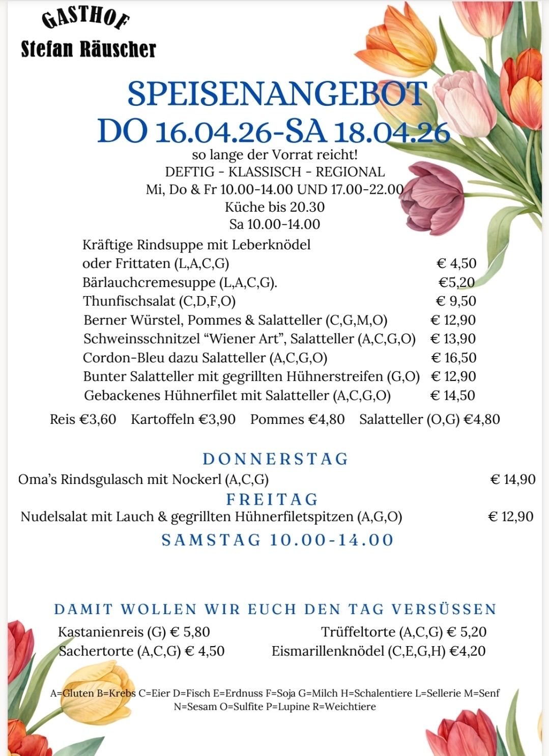 A flyer advertises a menu for Thursday and Friday with a variety of dishes and prices. On Thursday, options include beef soup with liver dumplings or fried potatoes, smoked trout salad, and more. On Friday, there is Oma's beef soup with noodles, among other dishes.
