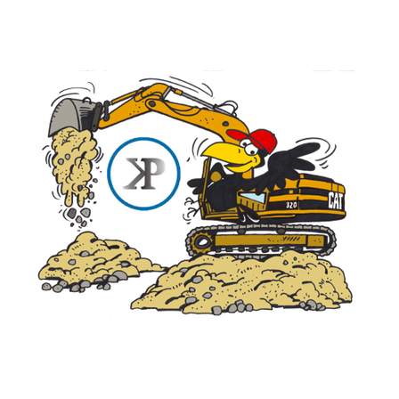 Ein Bagger mit dem griechischen Buchstaben Psi schüttet Erde aus. Der Bagger hat das Wort CAT an der Seite.