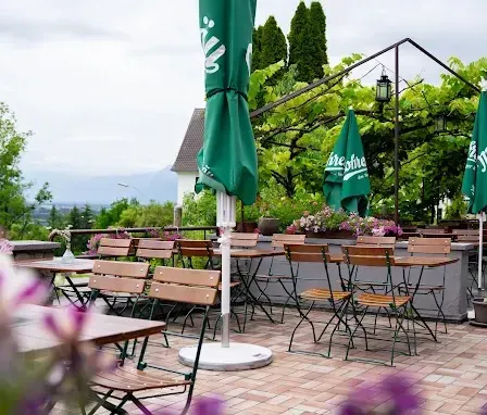 Ein Outdoor-Restaurant mit grünen Sonnenschirmen, Holztischen und Stühlen, umgeben von Bäumen und Blumen, mit Blick auf eine entfernte Bergkette.
