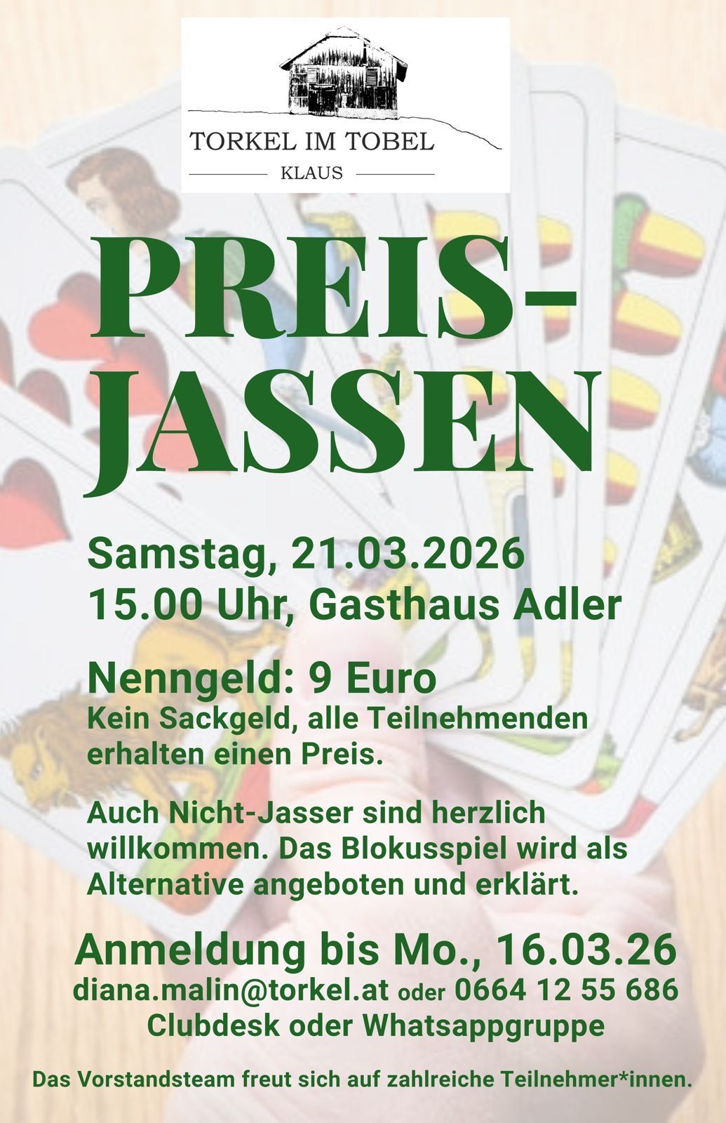 Plakat für eine Kartenspiel-Veranstaltung am 21. März 2026 um 15 Uhr im Gasthaus Adler. Teilnahmegebühr 9 Euro, keine Deckung, Preise für alle Teilnehmer. Nicht-Spieler willkommen; alternative Kartenspiele angeboten.