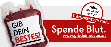 Eine Werbung zeigt einen Blutbeutel mit der Aufschrift 'Spende dein Bestes'. Der rote Beutel befindet sich auf weißem Hintergrund. Eine rote Linie mit der Aufschrift 'TERMINRESE' ist ebenfalls vorhanden. Die Website-Adresse www.gibdeinbestes ist unten angegeben.