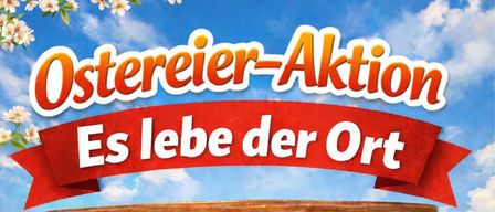 Am Samstag, 4. April um 14:00 Uhr findet eine Ostereiersuche auf dem Spielplatz in Behamberg statt. Im Vordergrund befinden sich ein Korb mit Eiern und ein Hase.