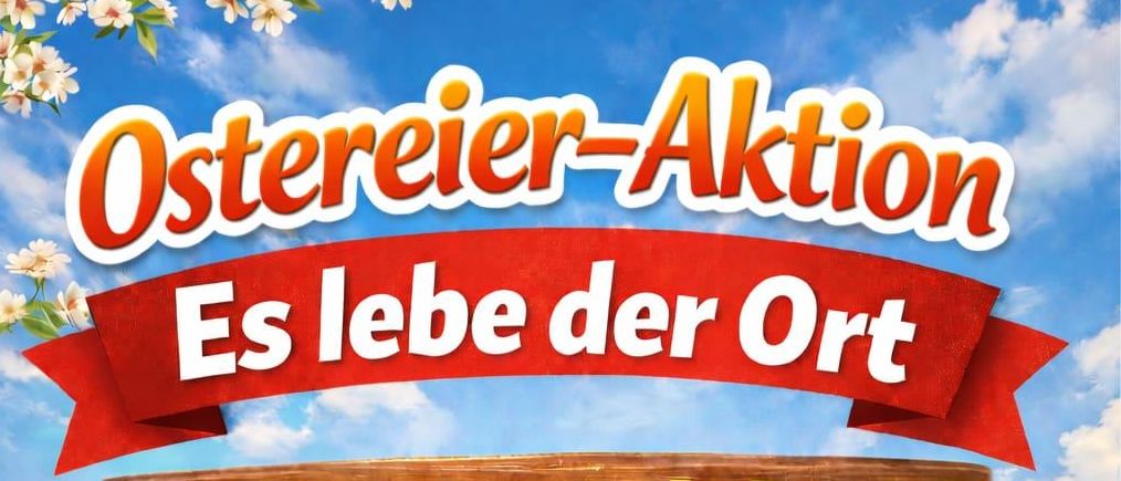 Am Samstag, 4. April um 14:00 Uhr findet eine Ostereiersuche auf dem Spielplatz in Behamberg statt. Im Vordergrund befinden sich ein Korb mit Eiern und ein Hase.