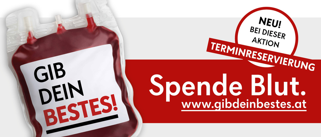 Werbeplakat für Blutspende mit einem roten Beutel und dem Text "Spende Blut." in weißen Buchstaben auf rotem Hintergrund. Die Webseite "www.gibdeinbestes.de" ist sichtbar.