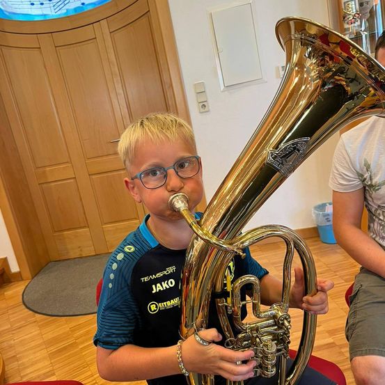 Bild enthält, Brass Section, Horn, Musical Instrument, Tuba, Person