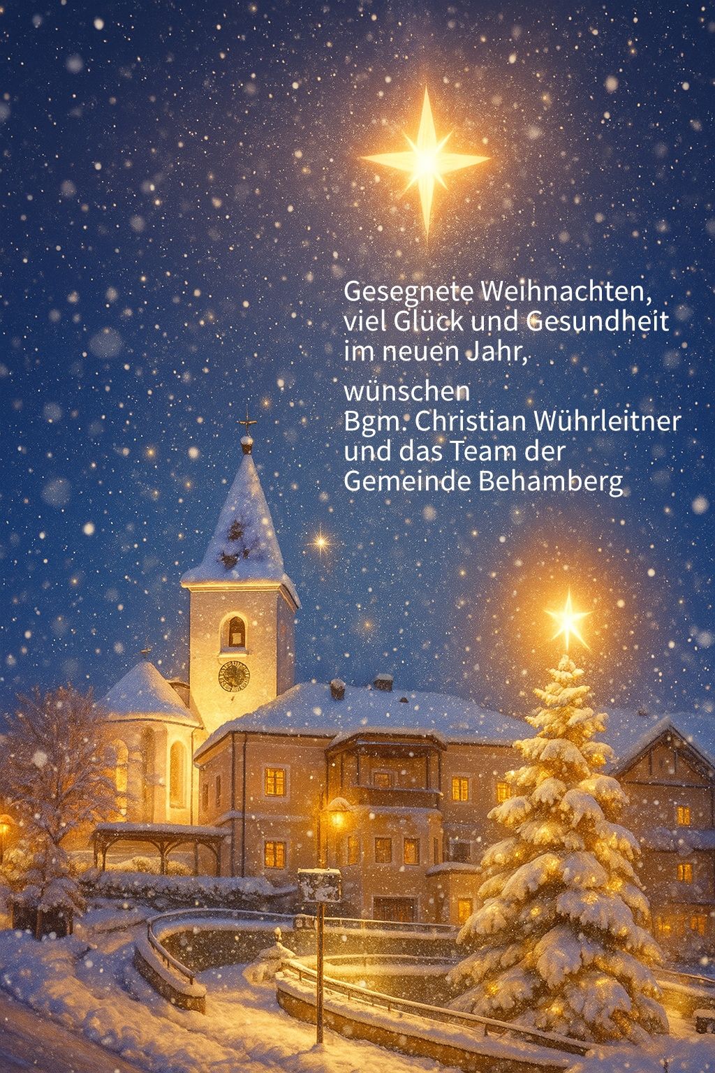 Ein verschneites Bild zeigt eine Kirche mit einem Weihnachtsbaum und einem Stern davor. Eine Nachricht auf Deutsch wünscht gesegnete Weihnachten und gute Gesundheit für das neue Jahr.
