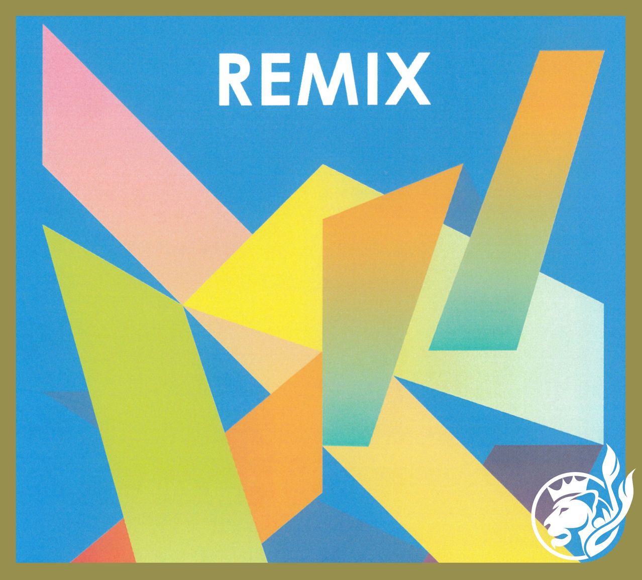 A poster with a geometric pattern of colorful triangles. The word 'REMIX' is prominently displayed in white, large, bold letters. A logo in the bottom right corner features a lion.
