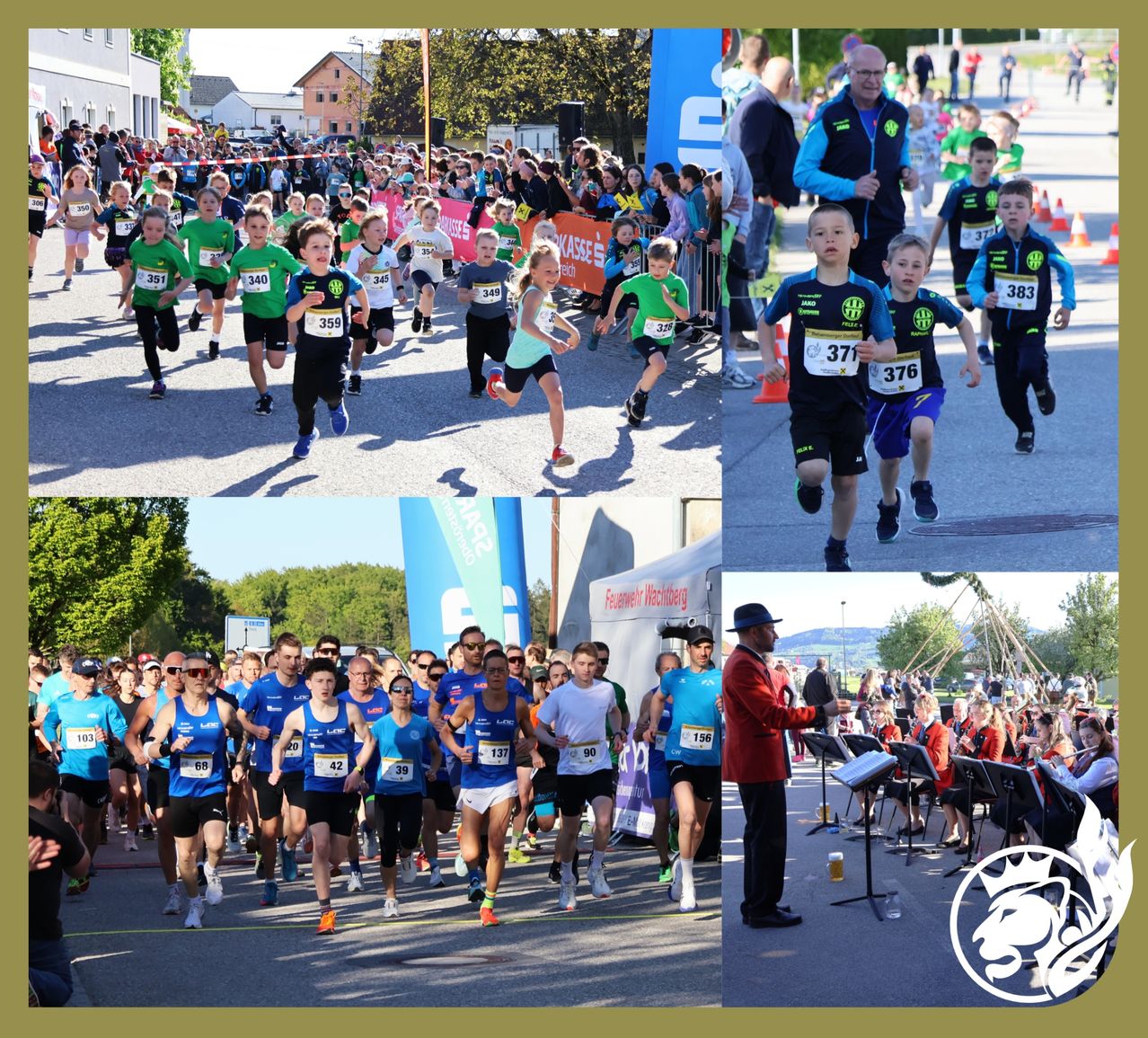Runners compete in a marathon, split into four images. Spectators line the streets, while others run with numbered bibs. A man leads the orchestra as musicians play. Banners and trees add to the scene.