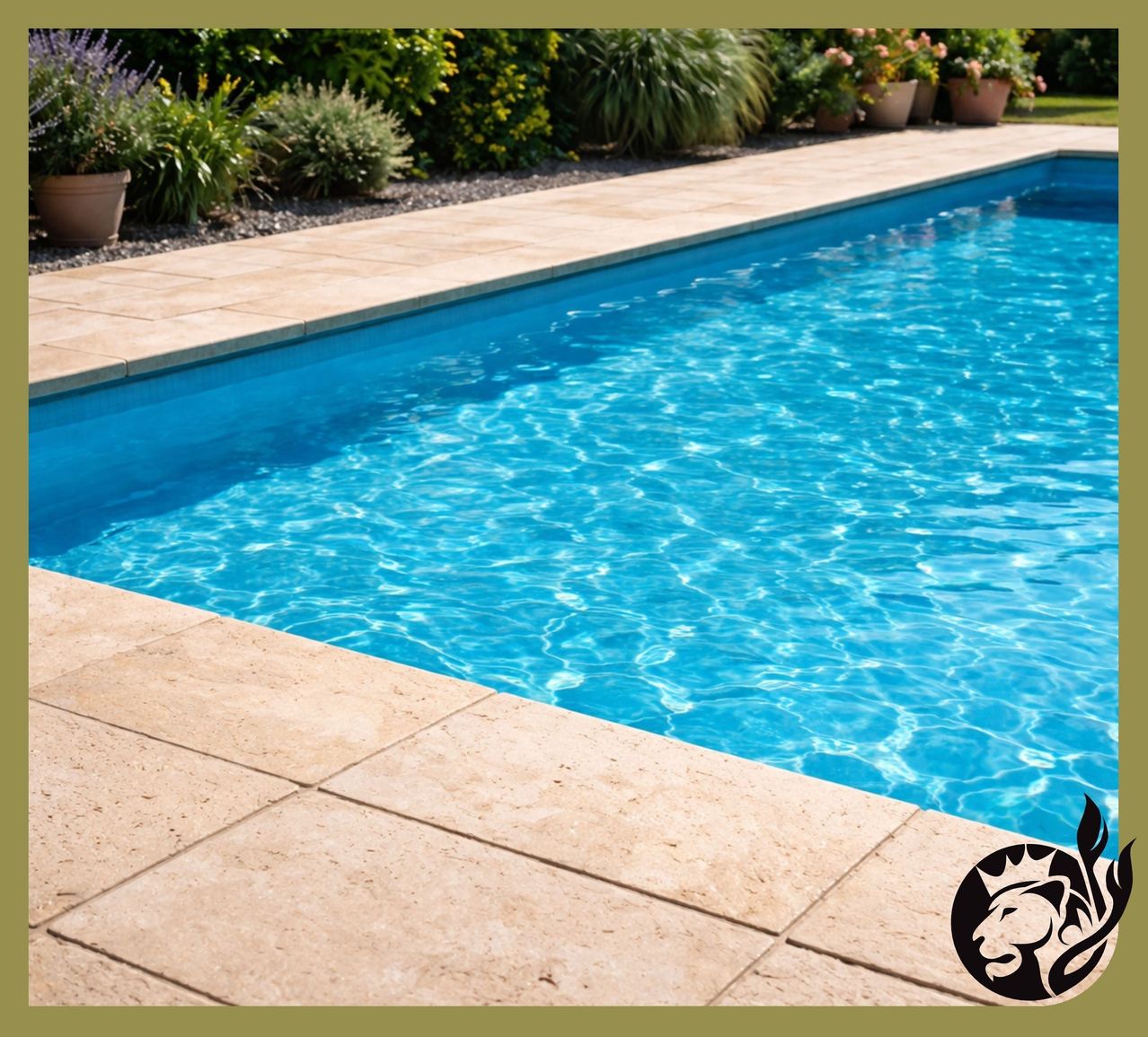Ein rechteckiger Swimmingpool mit klarem blauem Wasser, umgeben von einer gefliesten Terrasse mit Pflanzen und Sträuchern im Hintergrund.