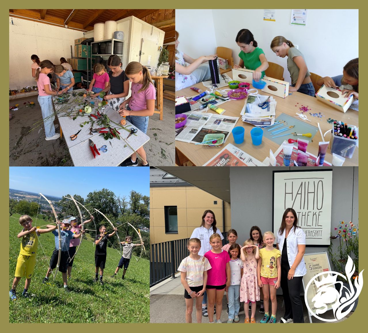 Eine Collage aus vier Bildern, die Kinder bei verschiedenen Aktivitäten zeigt: Basteln, Bogenschießen und Kunst. Das erste Bild zeigt Kinder beim Basteln mit Blumen. Das zweite Bild zeigt Kinder beim Basteln mit Papier und Scheren. Das dritte Bild zeigt Kinder beim Bogenschießen. Das vierte Bild zeigt Kinder, die für ein Foto mit einer Frau posieren.