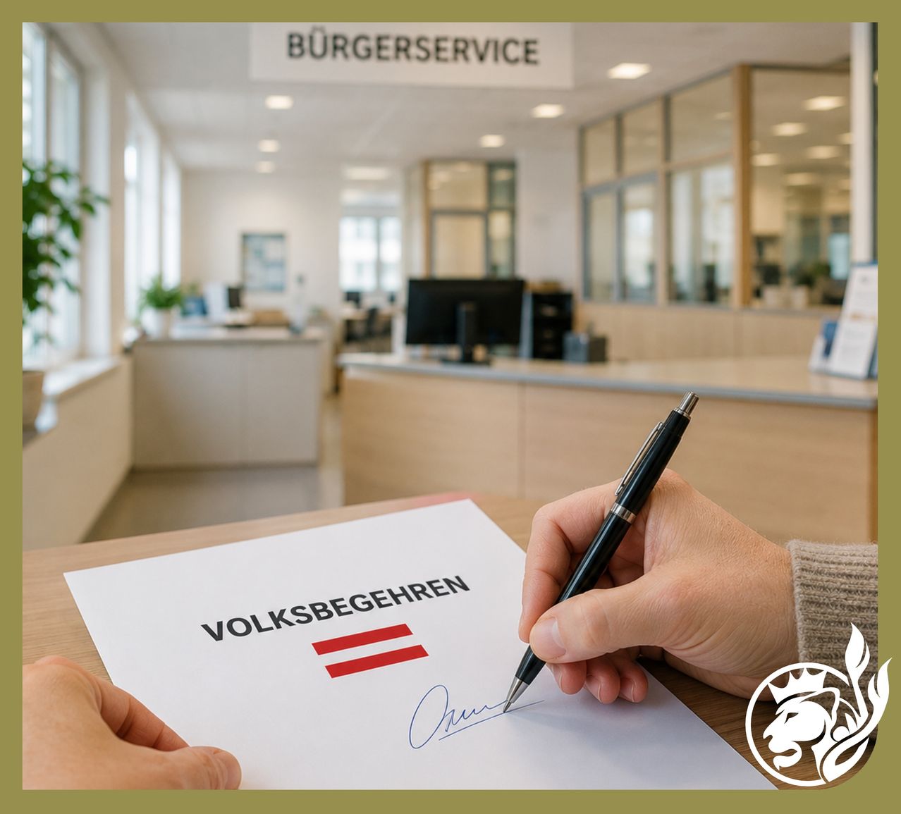 Eine Person unterschreibt ein Dokument mit dem Wort Volksbegehren vor einem Schreibtisch in einem unscharfen Büroraum.