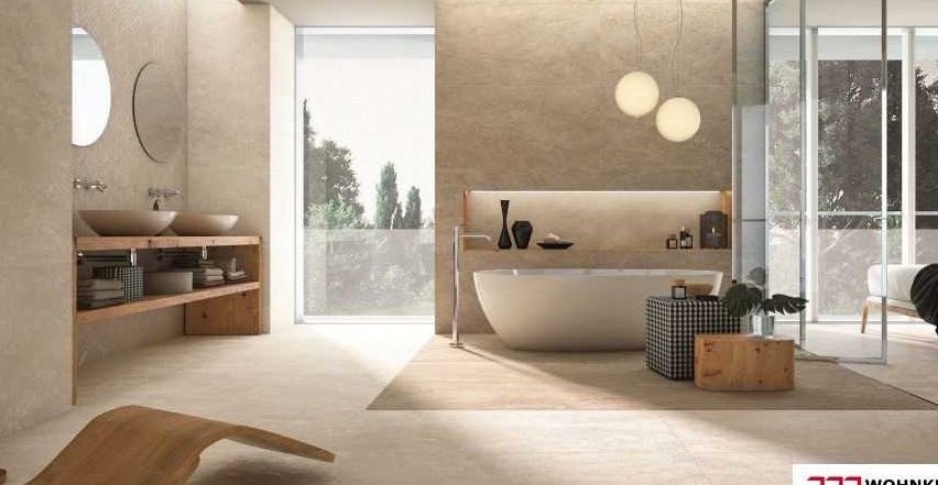 Bild enthält, Indoors, Interior Design, Bathing, Floor, Flooring, Tub, Bathtub, Sink, Lamp, Door