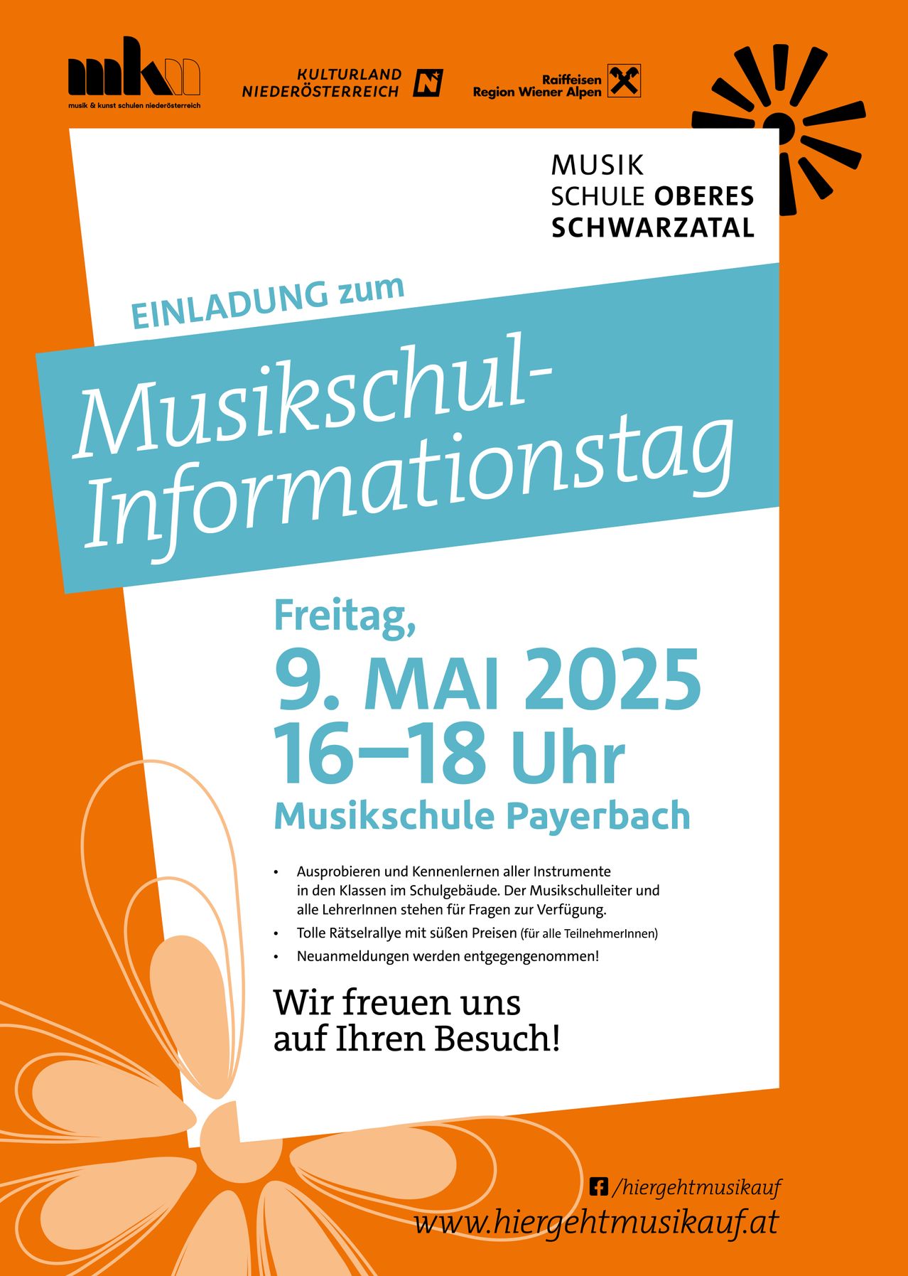 Einladung zum Informationstag der Musikschule am 9. Mai 2025, 16-18 Uhr in Payerbach. Besucher können Instrumente ausprobieren, Lehrer kennenlernen und an einer Rätselrallye teilnehmen. Anmeldung erforderlich.