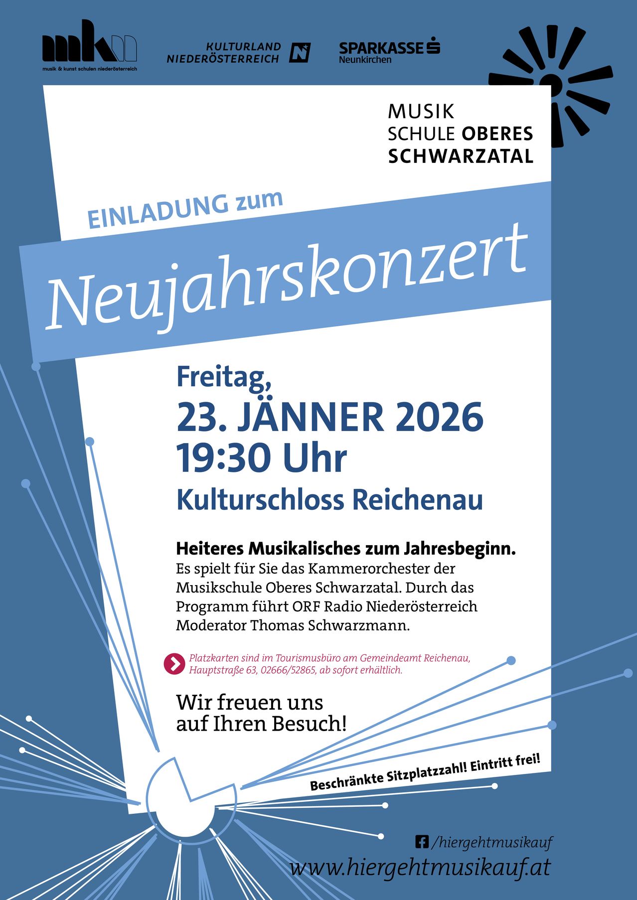 Einladung zum Neujahrskonzert am 23. Januar 2026 um 19:30 Uhr im Kulturschloss Reichenau. Kammerorchester der Musikschule Oberes Schwarzatal spielt. Tickets erhältlich im Rathaus Reichenau.