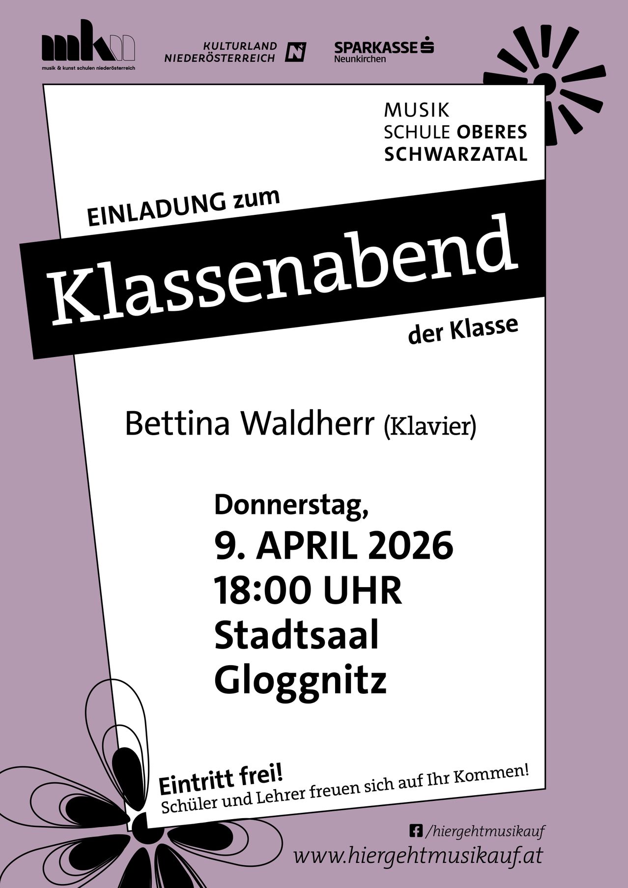 Invitation to the class evening by Bettina Waldherr on April 9, 2026 at 6:00 PM in the Stadtsaal Glognitz.