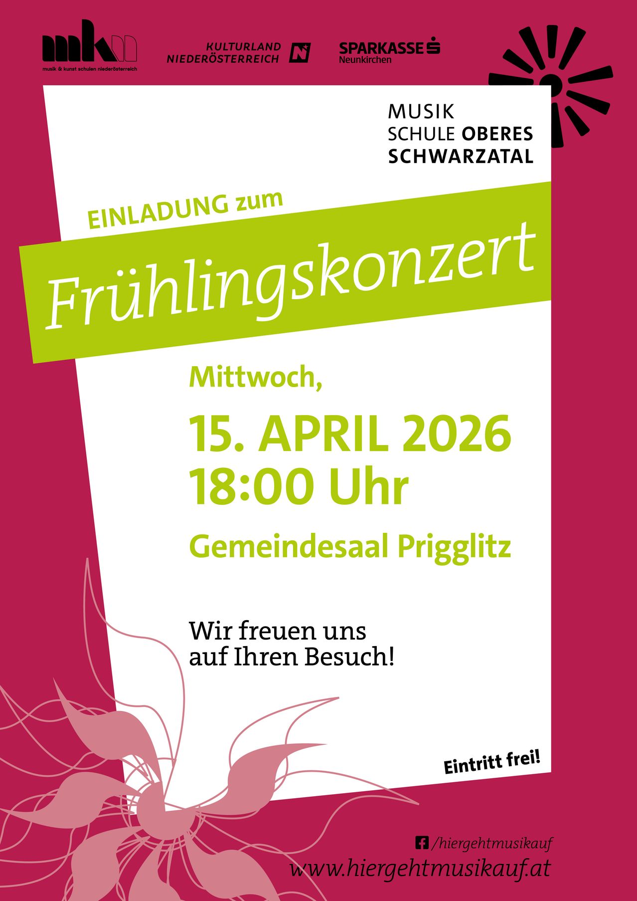 Poster for the Spring Concert at the School Oberes Schwarzatal on April 15, 2026 at 18:00 in Prigglitz Community Hall. Admission is free.