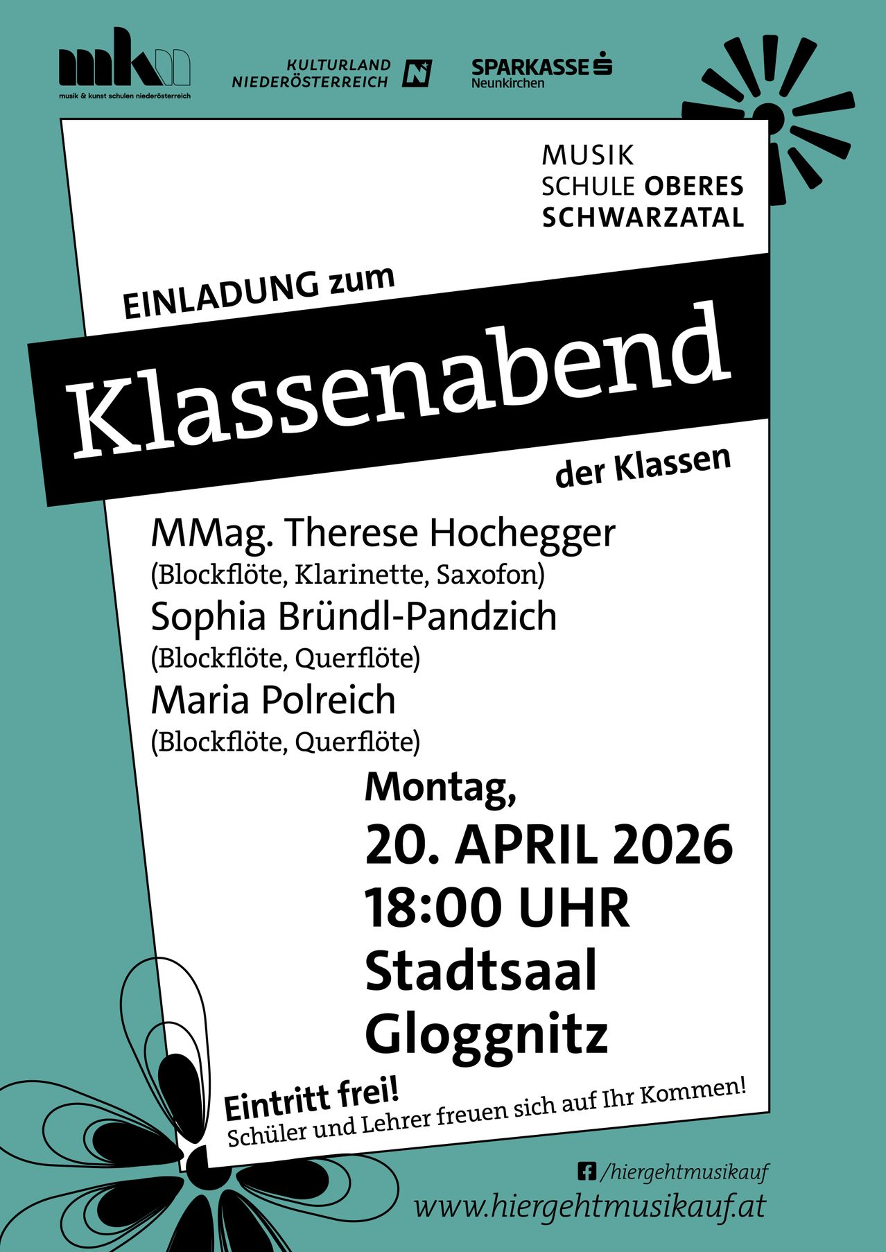 Invitation to the end-of-class event on April 20, 2026, at 18:00, Stadtsaal Gloggnitzer, featuring MMMag Therese Hochegger, Sophia Brundl-Pandzich, and Maria Polreich playing block flute and other instruments.