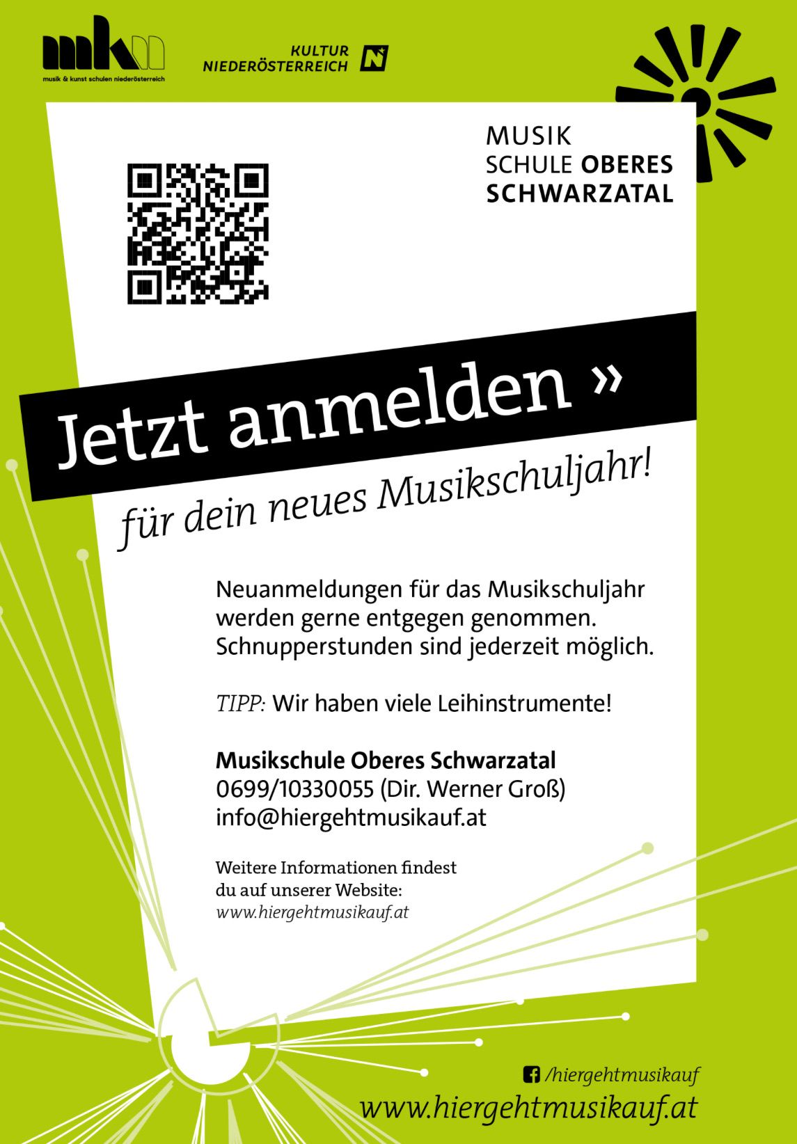 The advertisement invites you to register for the music school year. It highlights the availability of trial lessons and the provision of numerous rental instruments. Contact details and a website are provided for further information.