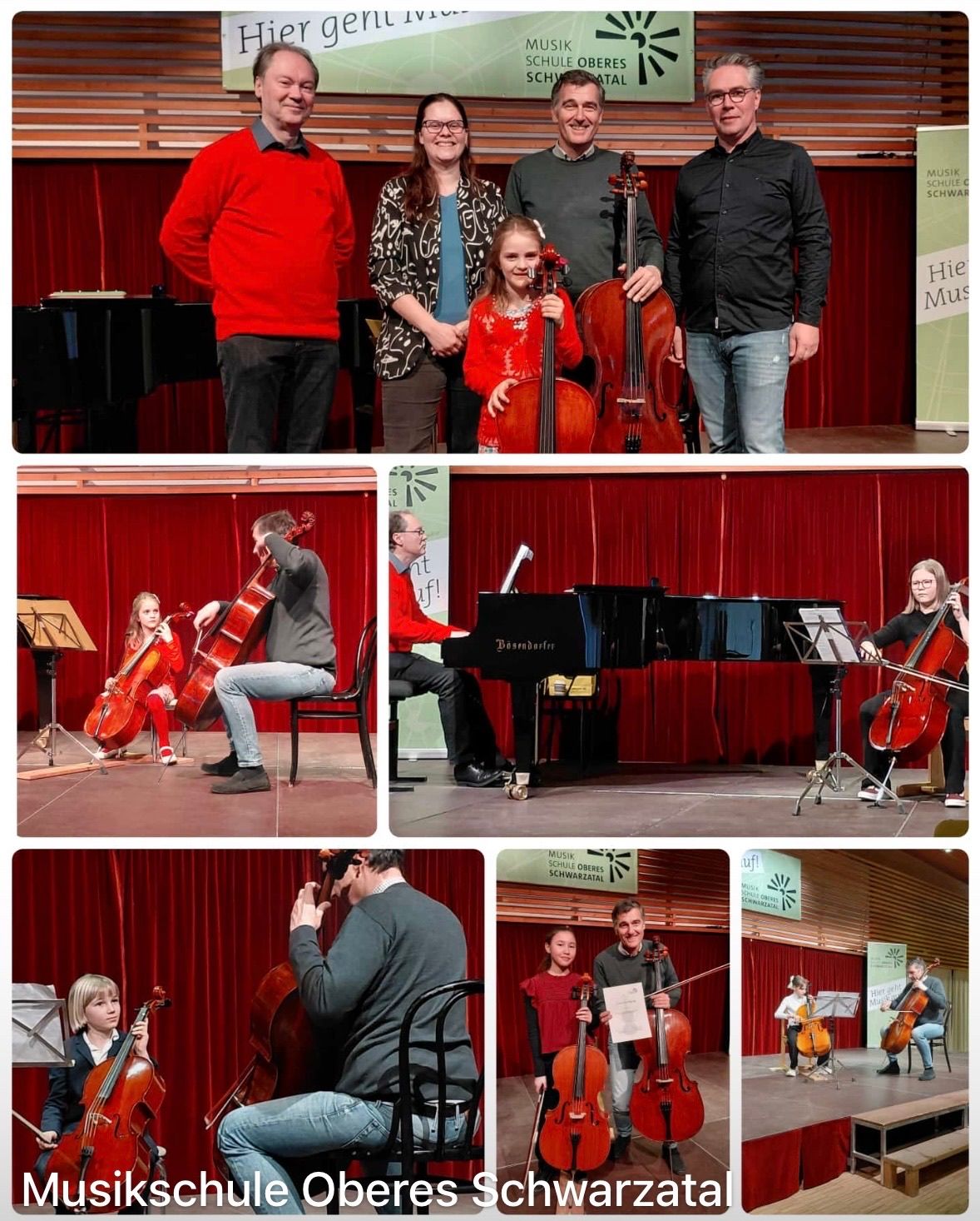 A collage of multiple images features musicians on stage. The first image shows a man and a woman standing with a young girl holding a cello. Another image depicts a seated cellist next to a pianist. The final image shows a cellist holding a piece of paper, while another cellist stands with a young girl.