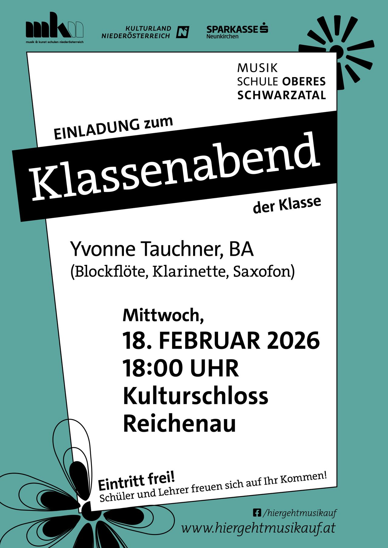An invitation to the class evening of the Oberes Schwarzatal School by Yvonne Tauchner, BA, on Wednesday, February 18, 2026, at 6:00 PM at the Reichenau Cultural Castle.