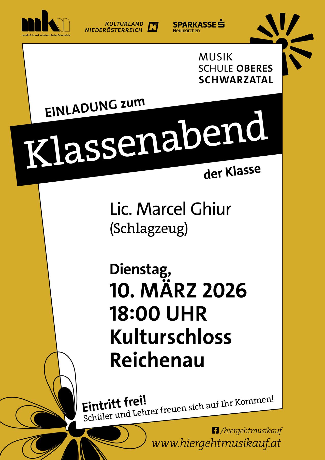Einladung zum Klassenabend der Klasse von Lic. Marcel Ghiur (Schlagzeug) am Dienstag, 10. März 2026, um 18:00 Uhr im Kulturschloss Reichenau.
