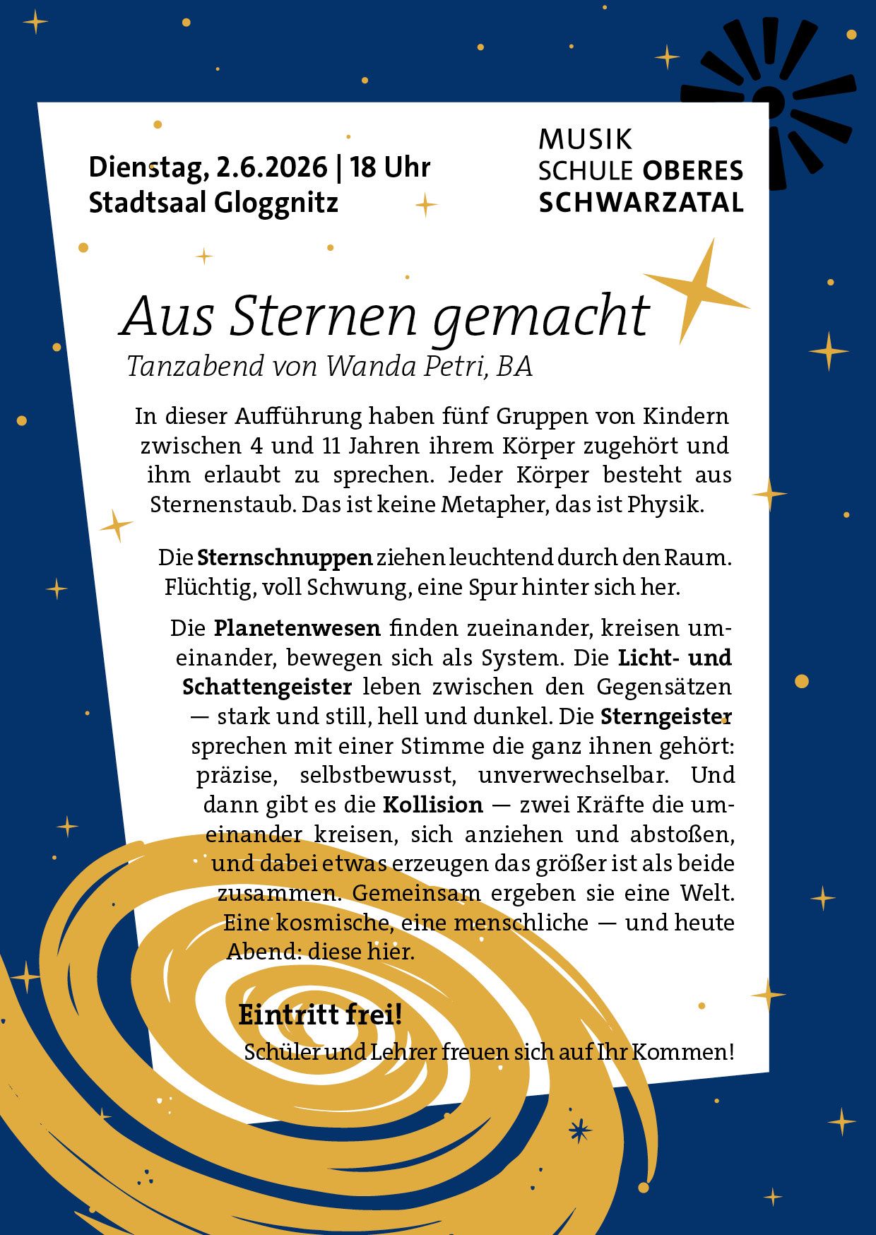 The image shows a page from a book titled 'Aus Sternen gemacht' by Wanda Petri, BA. The text discusses a performance where children aged 4 to 11 explore their bodies. It explains that the body is made of stardust, not a metaphor but physics. Stars and planets move and interact in space. The page features bright yellow text on a dark blue background with a yellow star.